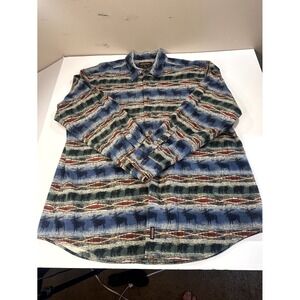 Woolrich Shirt Mens Blue Green Long Sleeve Round Hem Classic‎ Button-Up Collared